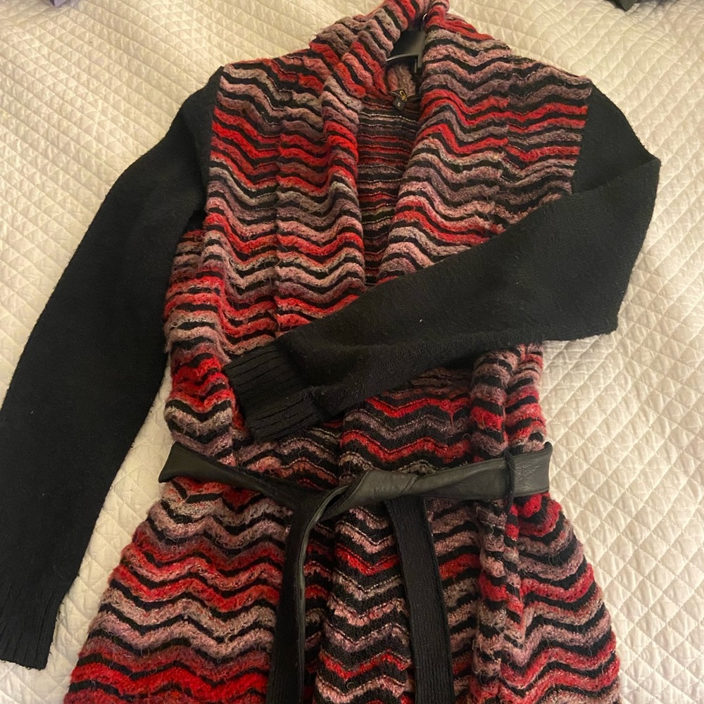 Warm 100% wool multicolored wrap sweater w leather belt from Neimans